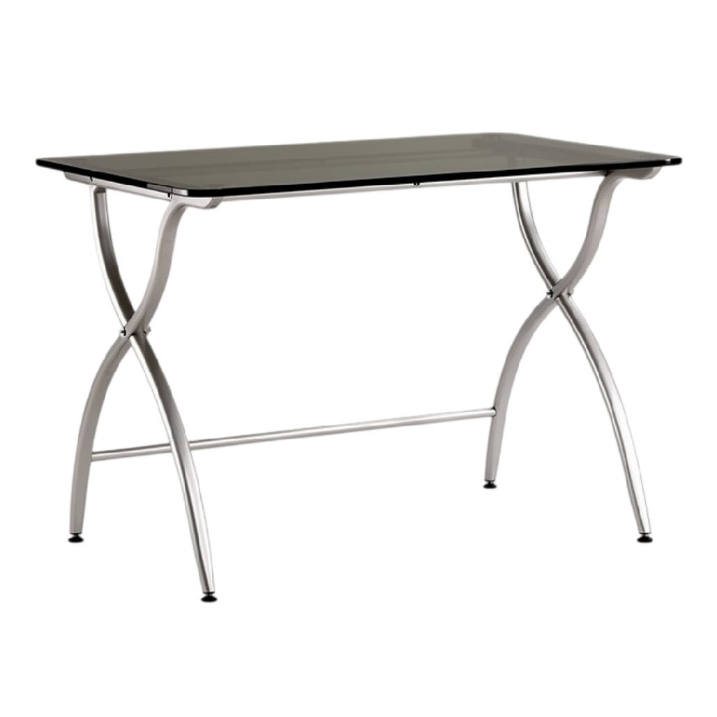 **Technische Titel in het Nederlands: Moderne glazen eettafel met metalen onderstel**