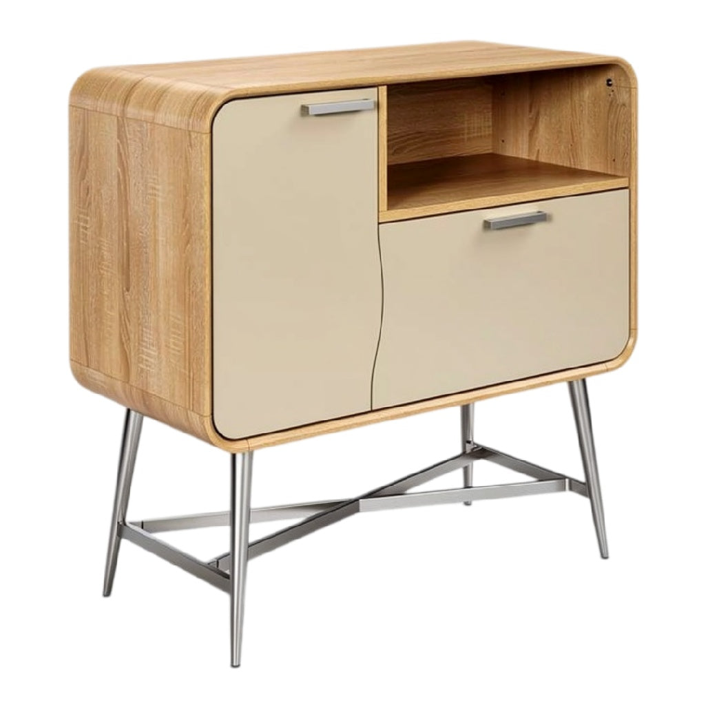 **Technische titel in het Nederlands: Moderne kast met houten afwerking en metalen poten**
