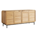 **Technische titel in het Nederlands: Moderne houten dressoir met jaloezie-deuren op metalen poten**